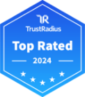 Hexagonal blue badge with the trustradius logo, labeled "top rated 2024" with five white stars at the bottom.