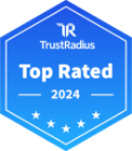 Hexagonal blue badge with the trustradius logo, labeled "top rated 2024" with five white stars at the bottom.