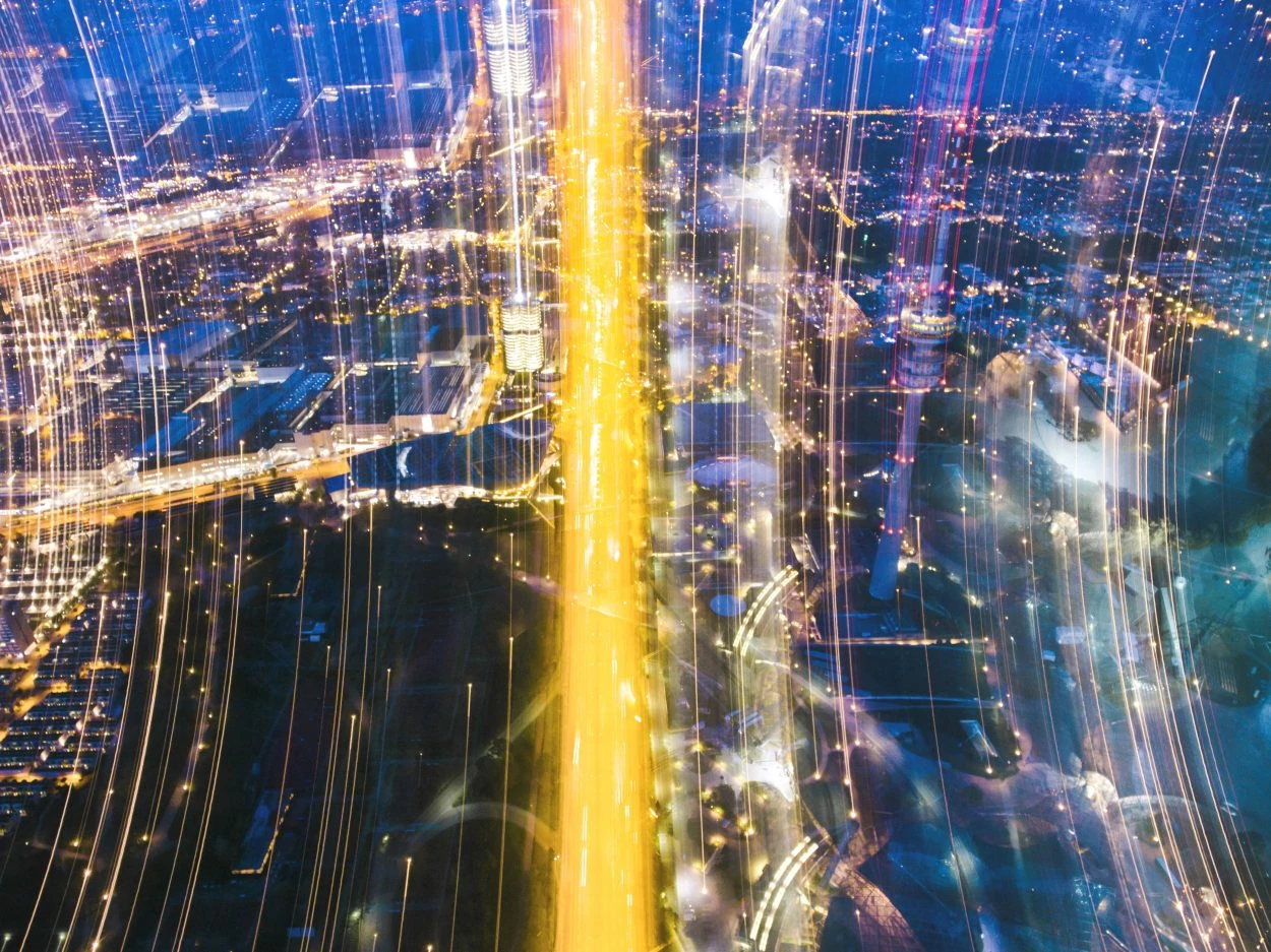 City of the future at night. top view, view from above, aerial view