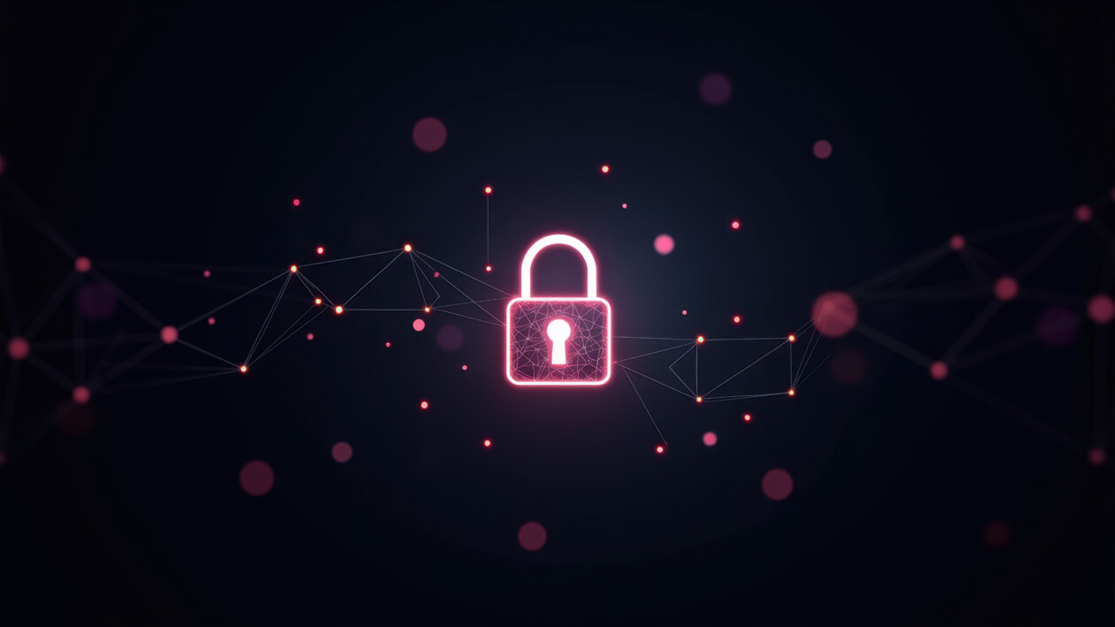 Abstract technology background featuring a central lock with connected nodes, illustrating network safety and data encryption