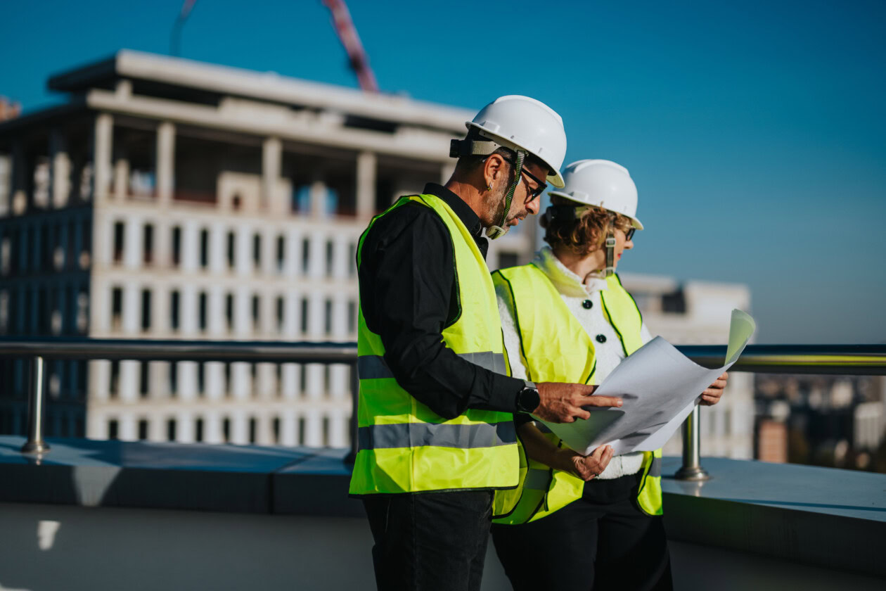 Architects discussing construction plans at a building site