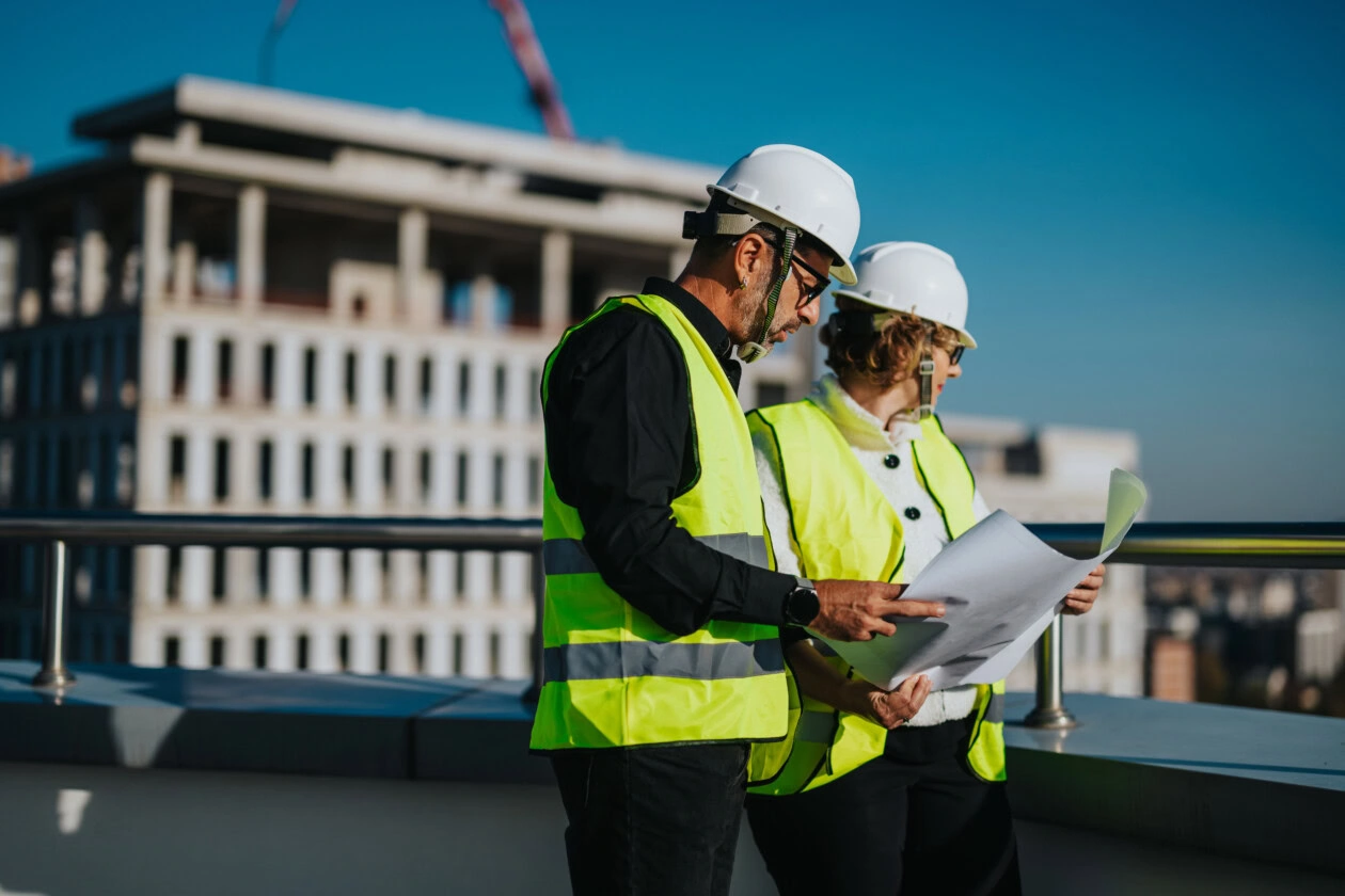 Architects discussing construction plans at a building site