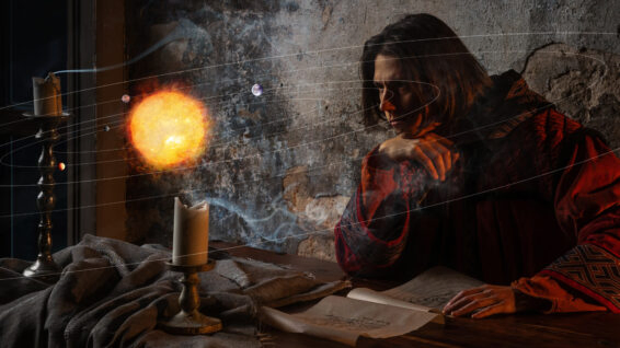 History of science, concept. nicholas copernicus author of the heliocentric system of the world,
