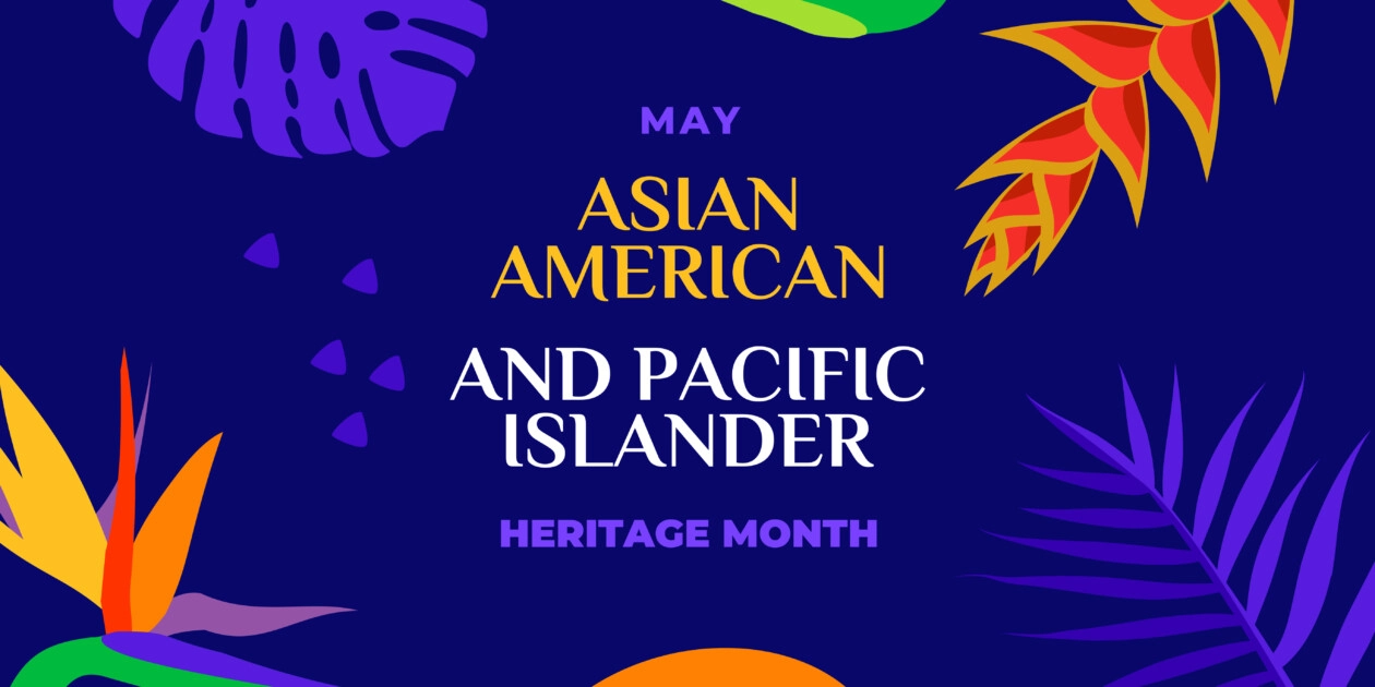 Asian american and pacific islander heritage month. vector banner for social media, card, poster. illustration with text, tropical plants. asian pacific american heritage month horizontal composition