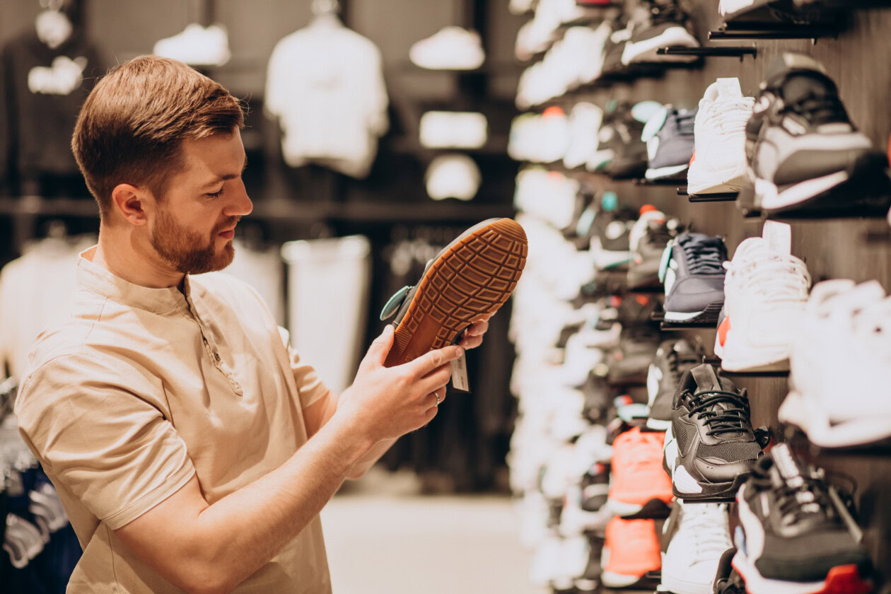 Young man choosing sneakers at sportswear shop
