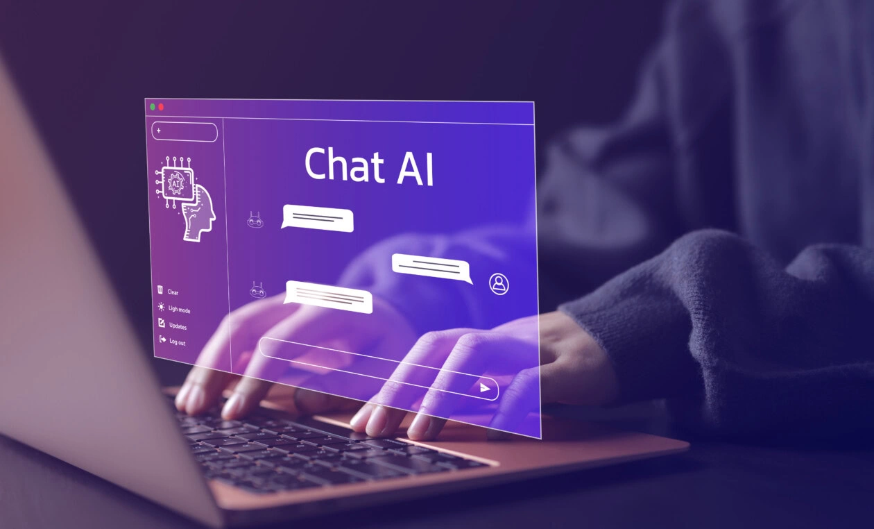 Chat bot chat with ai or artificial intelligence technology. woman using a laptop computer chatting with an intelligent artificial intelligence asks for the answers he wants.