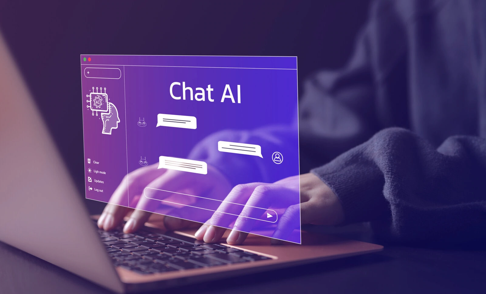 Chat bot chat with ai or artificial intelligence technology. woman using a laptop computer chatting with an intelligent artificial intelligence asks for the answers he wants.