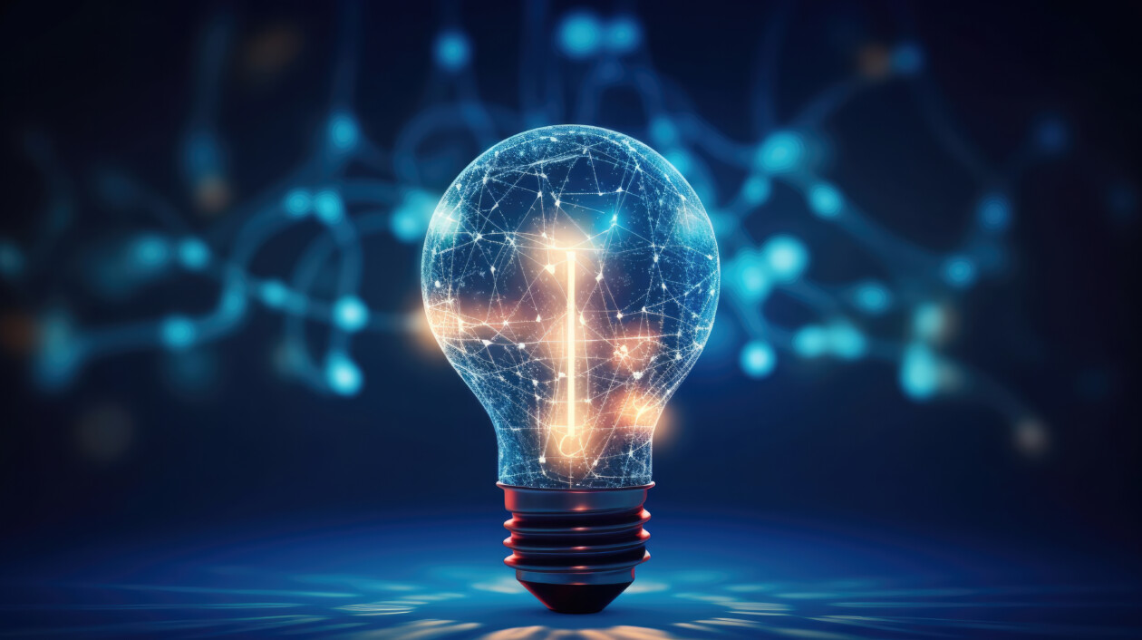 Digital marketing, creative, new ideas and innovation for business growth, light bulb shape and business icon with network connection, generative ai