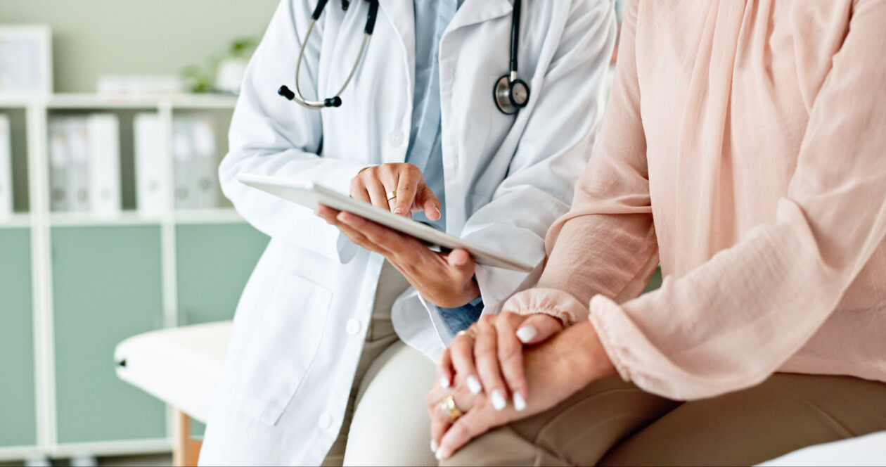 Clinic, tablet and hands of doctor with patient for consulting, medical service and help in hospital. healthcare, telehealth and people on digital tech for diagnosis, online results and insurance