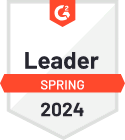 Badge icon reading "leader spring 2024" with a logo on top and a decorative red ribbon, symbolizing recognition or achievement.
