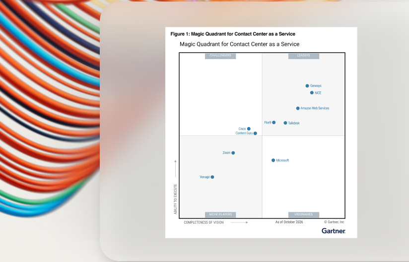 Gartner Magic Quadrant for Contact Center as a Service (October 2026) with Genesys and NICE leading the Leaders quadrant.