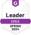 Badge displaying "leader emea spring 2024" with g2 logo at the top, set against a white background with purple accents.