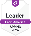 Badge with purple and white color scheme, labelled "leader latin america spring 2024," featuring a white laurel design on a purple background with a prominent number 2 logo at the top.