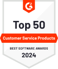 Badge displaying "top 50 customer service products, best software awards 2024" with a red and white design and a checkmark logo.