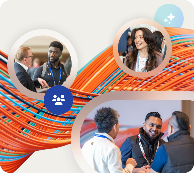 Diverse professionals networking at a tech event with colorful abstract design in the background.