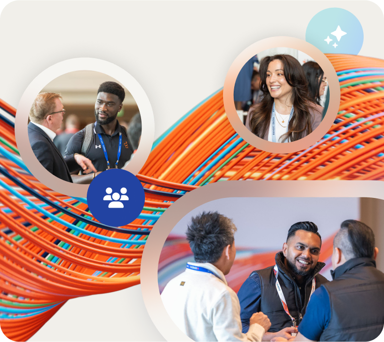 Diverse professionals networking at a tech event with colorful abstract design in the background.