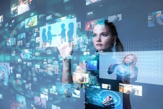 Young woman using futuristic interface. iot(internet of things). ict(information communication network). social media.