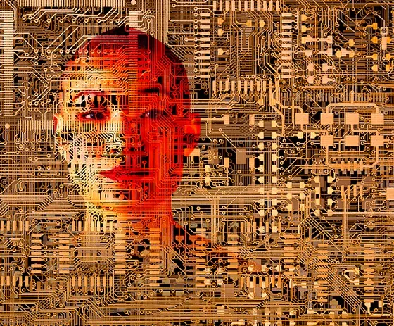Asian woman over microchip circuits