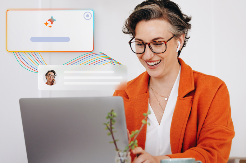 Woman wearing glasses and an orange blazer smiling while working on a laptop, with overlaid ui graphics showing an ai assistant card and a chat message bubble with a profile photo.