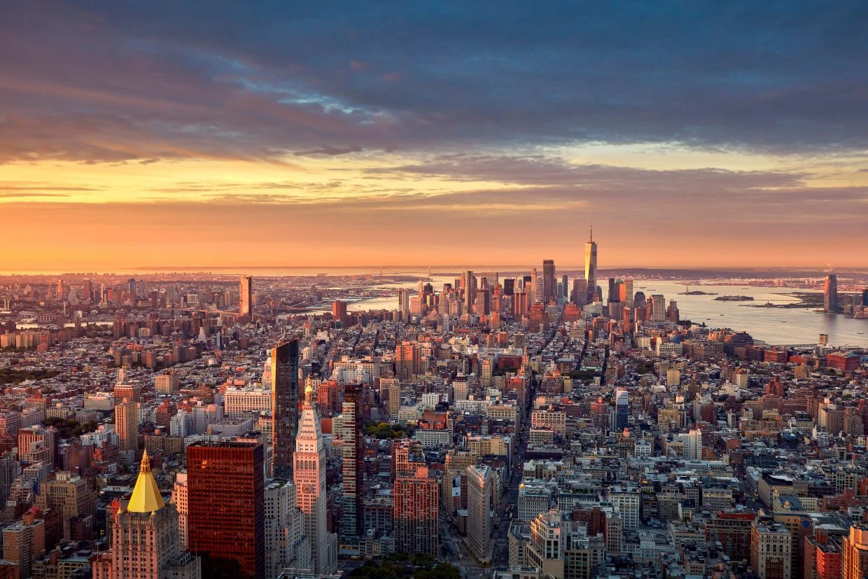Aerial view of lower manhattan skyline at sunrise, new york city, new york, united states