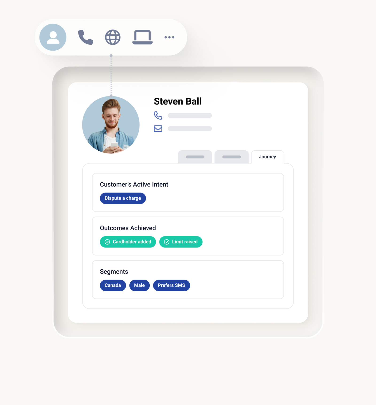 Customer profile card showing contact details, outcomes achieved, and segments for a customer named steven bell.