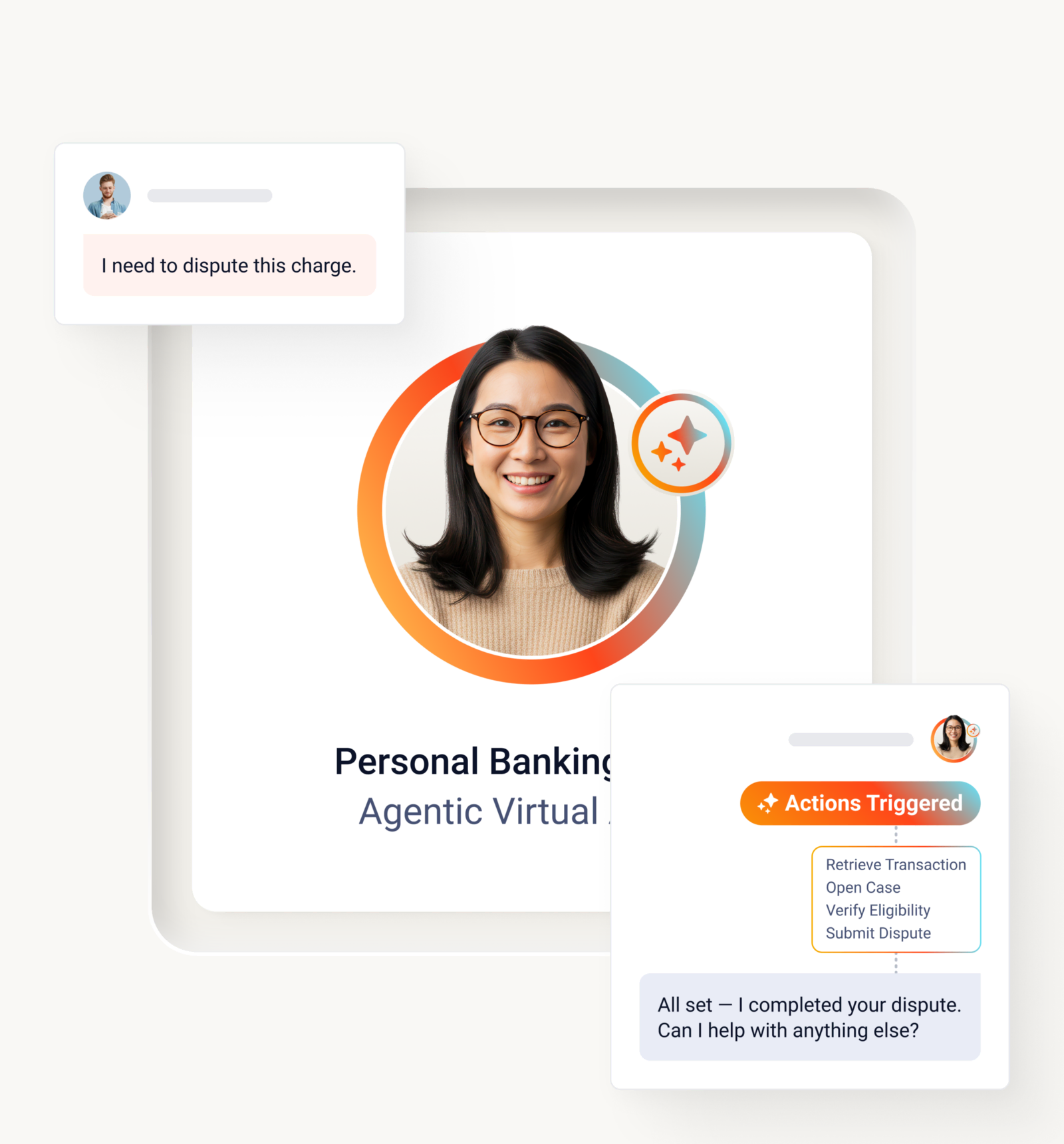 Personal banking agentic virtual agent chat interface with a customer message about disputing a charge.