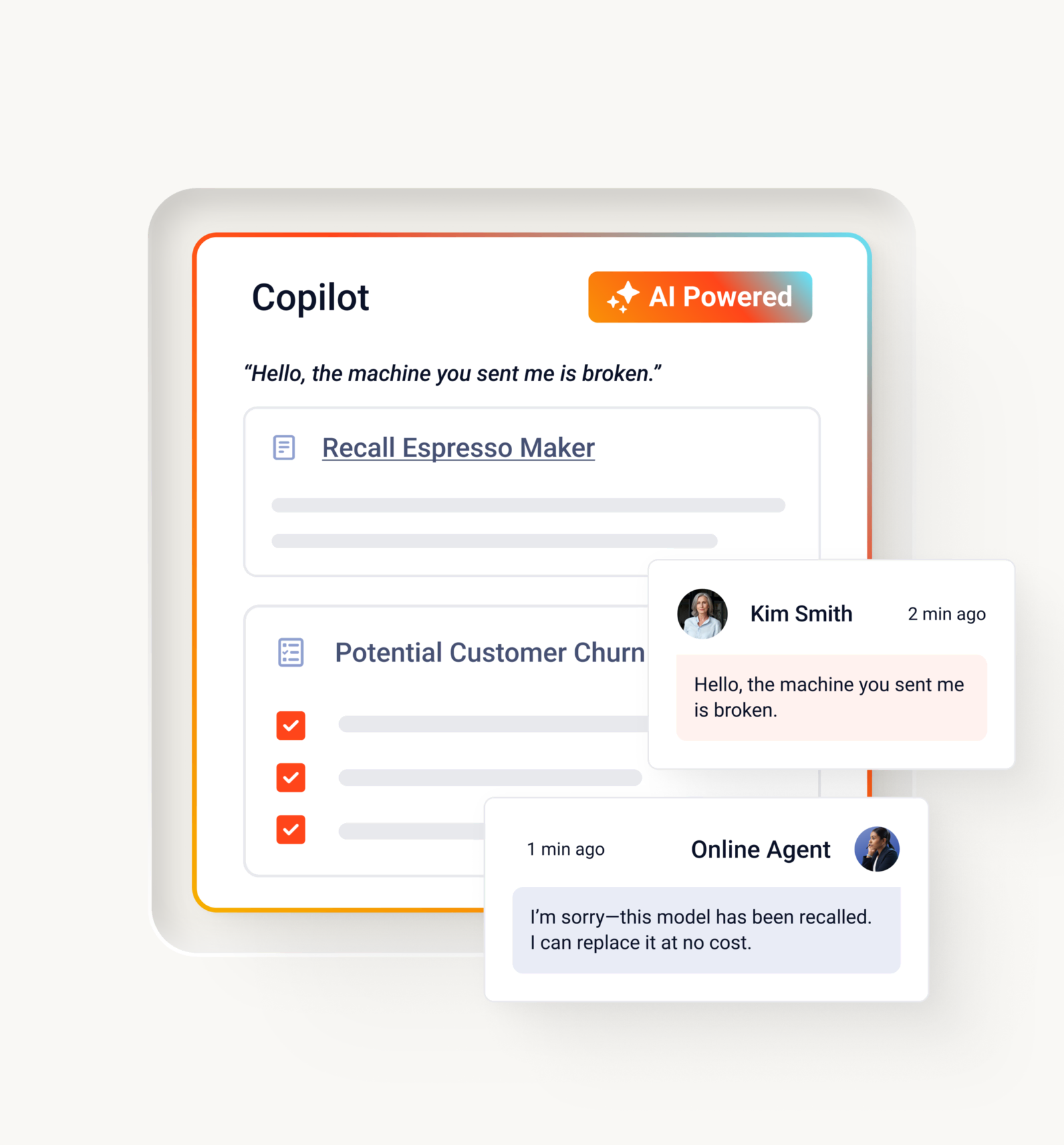 Ai powered copilot panel recommending actions like recalling an espresso maker and flagging potential customer churn.