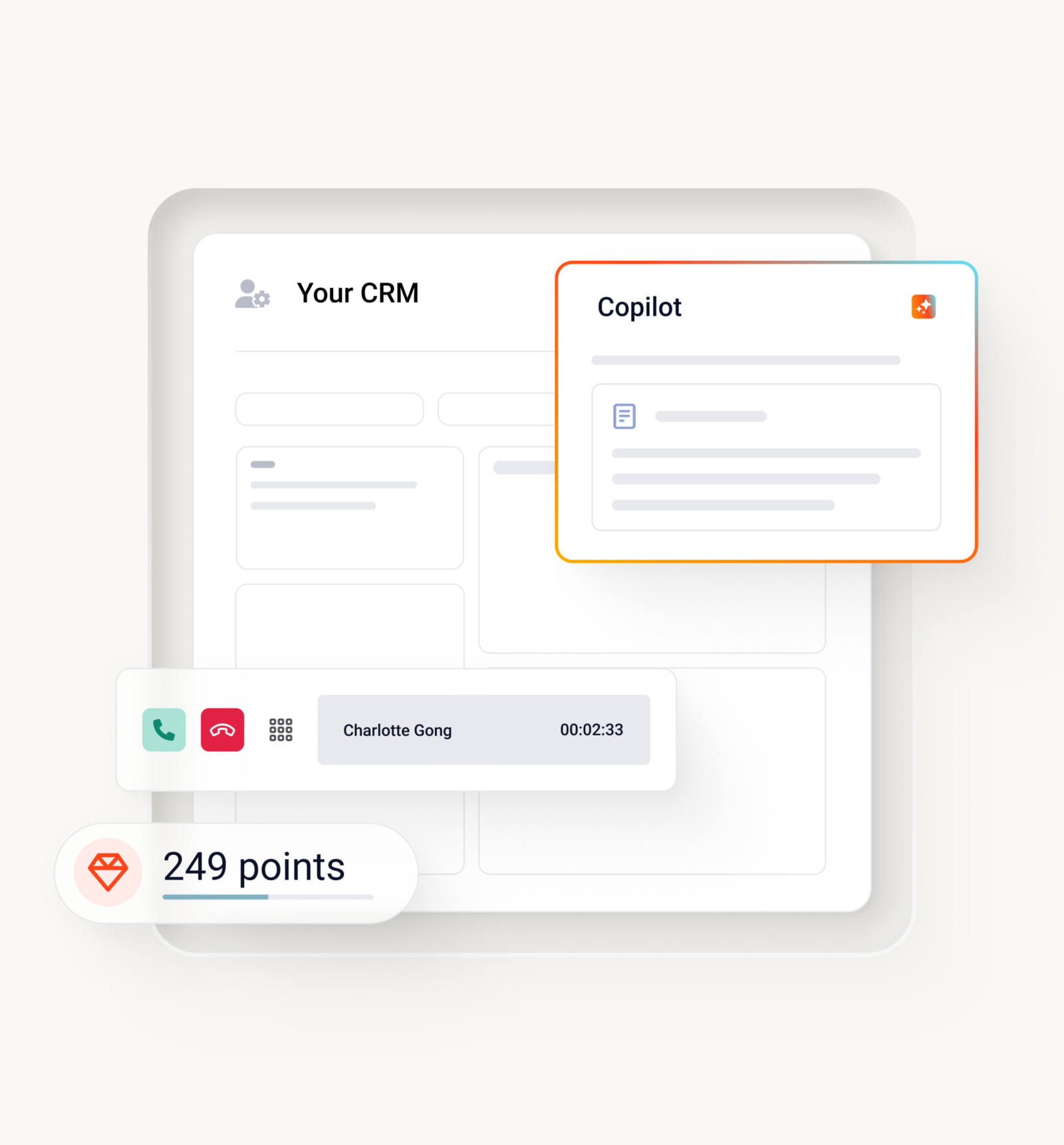 Crm interface with a copilot panel and customer profile showing loyalty points.