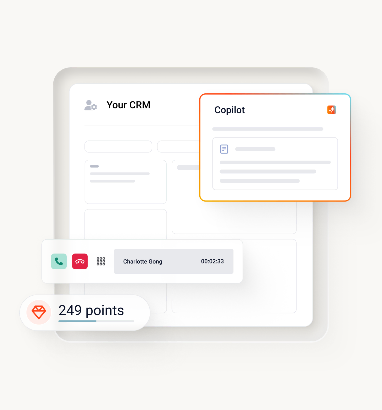 Crm interface with a copilot panel and customer profile showing loyalty points.