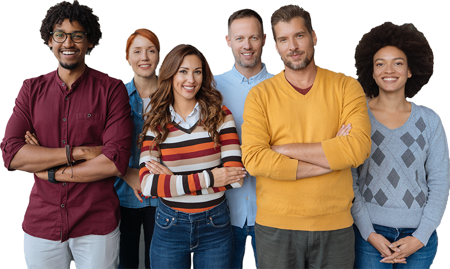 A diverse group of six people smiling and standing confidently with their arms crossed, each dressed in casual attire. they represent a mix of genders and ages in a friendly, professional setting.