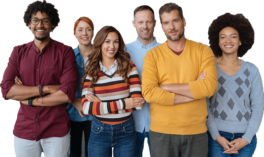 A diverse group of six people smiling and standing confidently with their arms crossed, each dressed in casual attire. they represent a mix of genders and ages in a friendly, professional setting.