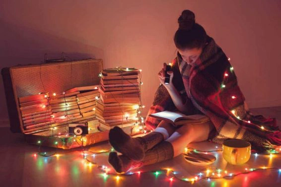Night exciting reading with christmas lights