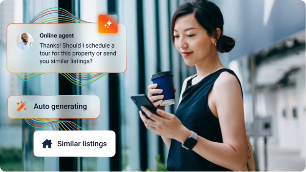 Person using a phone with an AI chat overlay showing automated property suggestions