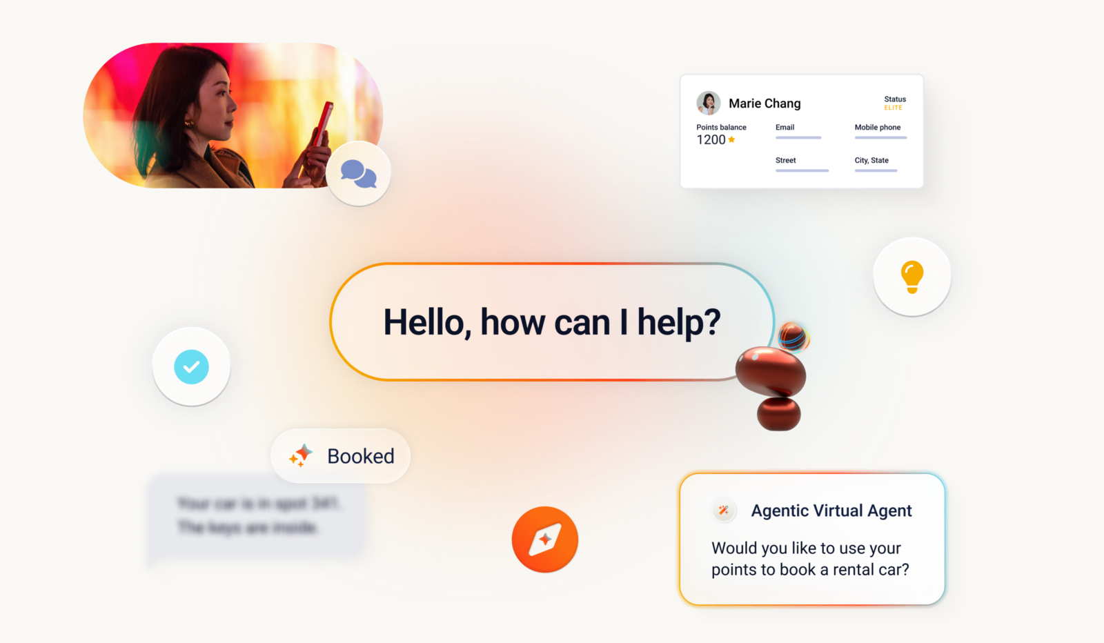 Agentic virtual agent chat interface offering to book a rental car using loyalty points, with a customer profile and booking confirmation.