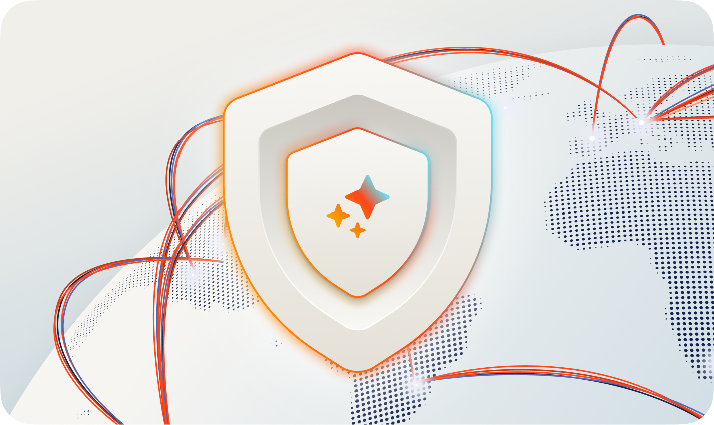 Illustration of a shield with a compass icon, surrounded by red connecting lines, representing enterprise trust and security.