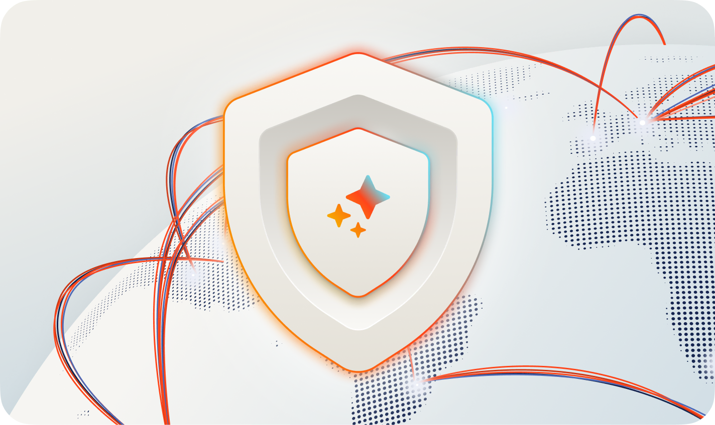 Illustration of a shield with a compass icon, surrounded by red connecting lines, representing enterprise trust and security.