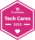 Hexagonal pink badge with "trustradius" at the top, featuring a white heart and the text "tech cares 2023" in white. the design includes a light pink border.
