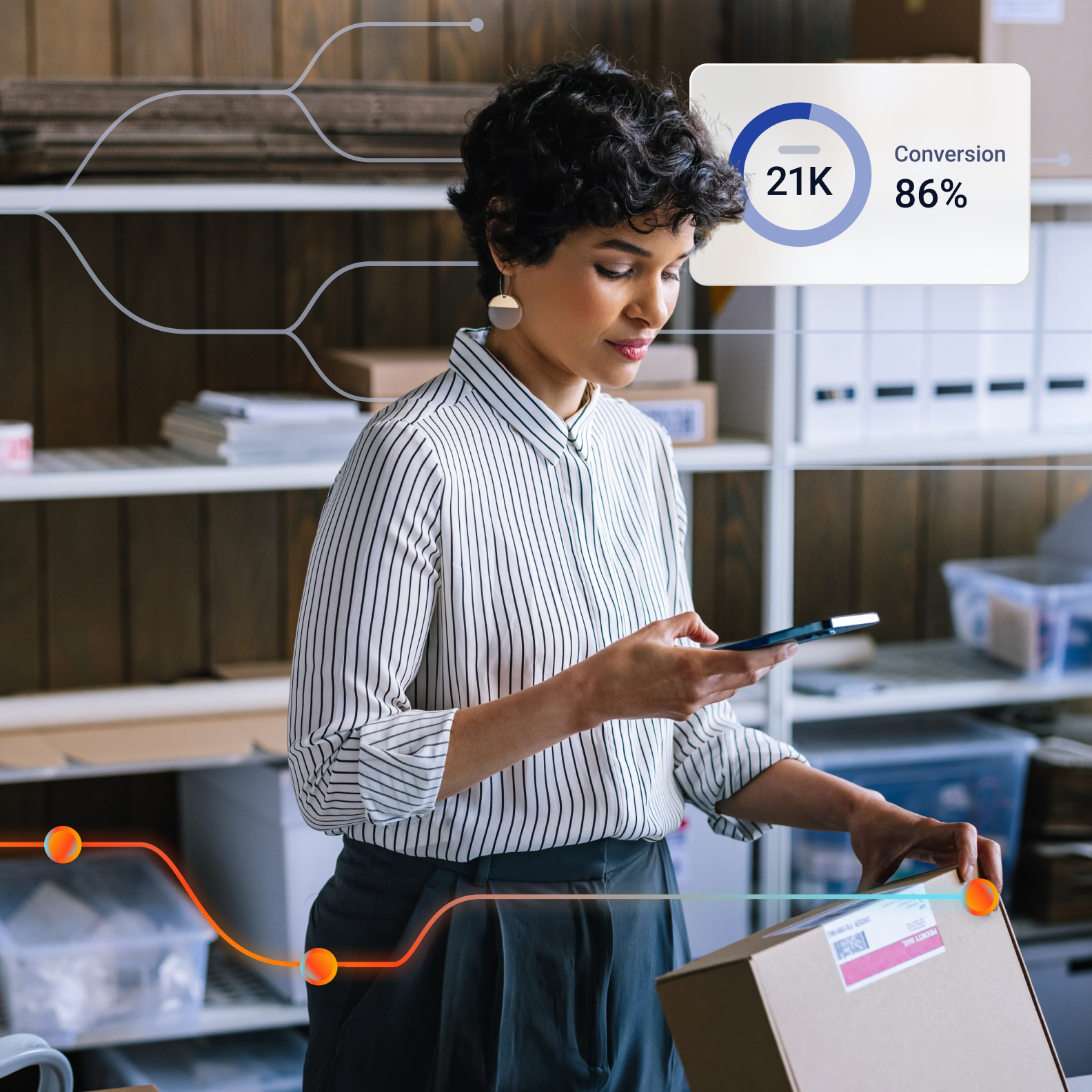 Woman in a warehouse checking her phone while holding a package, with an overlay showing conversion analytics of 21k conversions at an 86% rate.