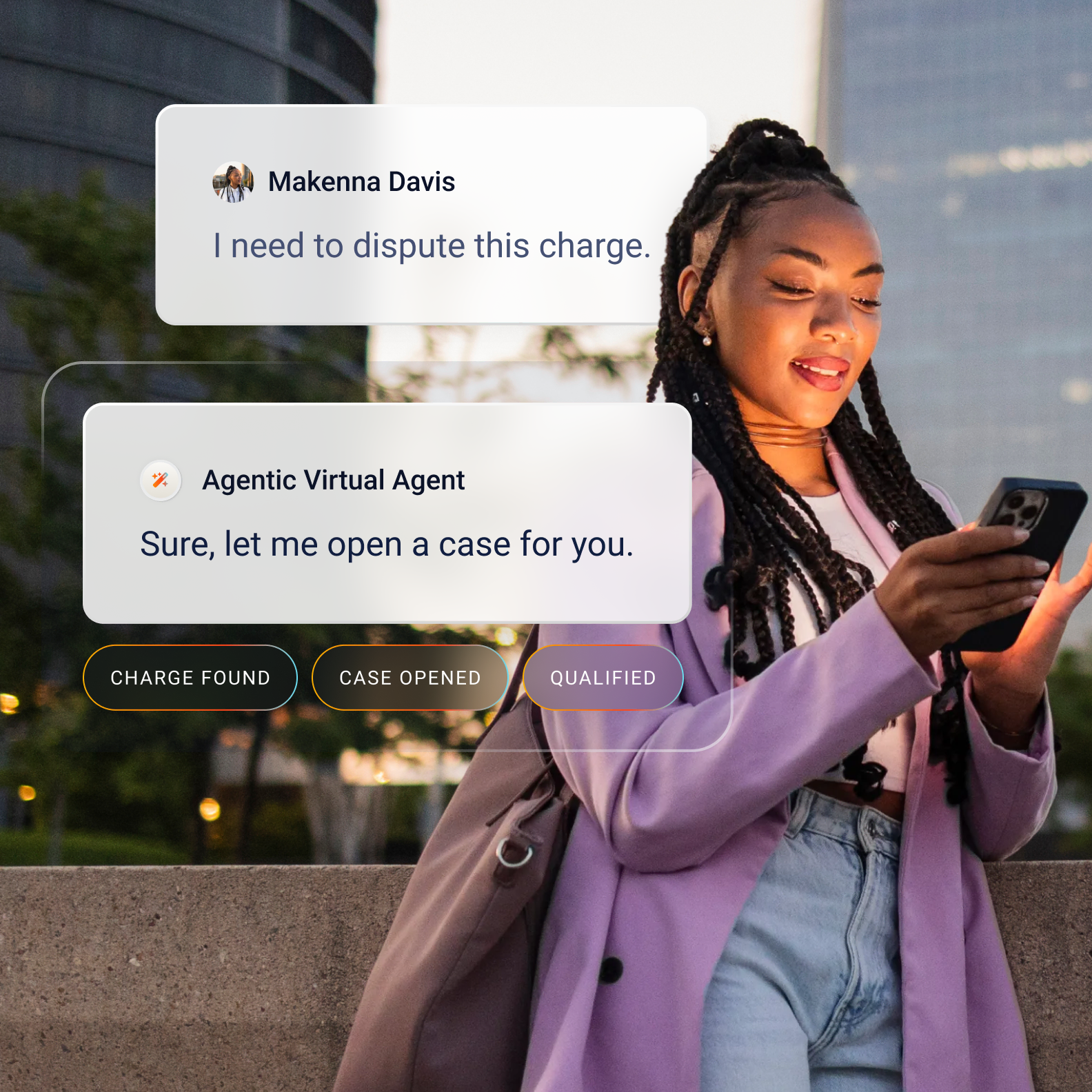 Woman using a smartphone outdoors, with a chat conversation showing a customer disputing a charge and an ai virtual agent responding