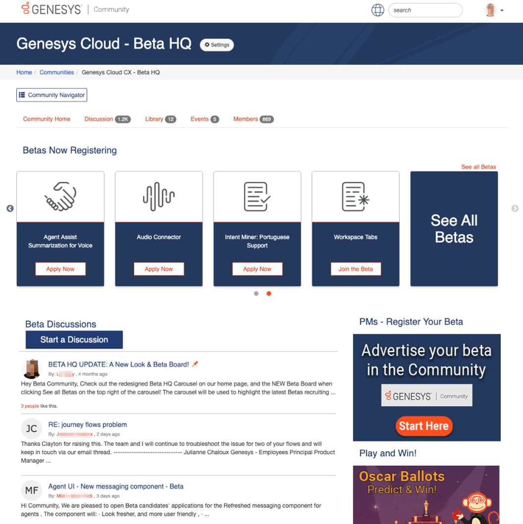 Genesys cloud のベータ版プログラムに特化したコミュニティサイト